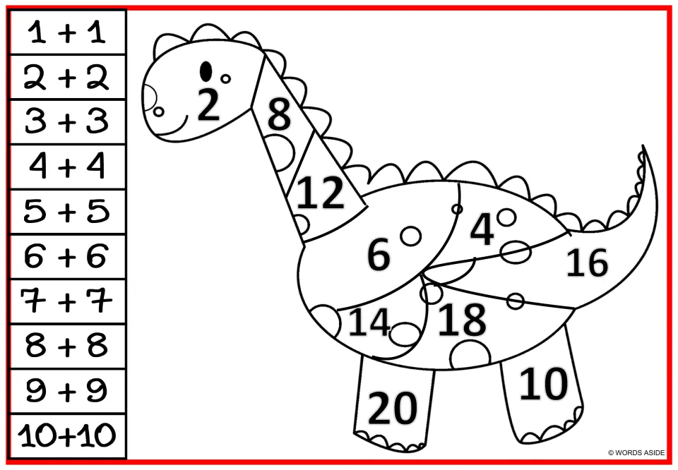 Addition doubles long-neck dinosaur: students solve 1+1 through 10+10 and color the sections numbered 2 to 20