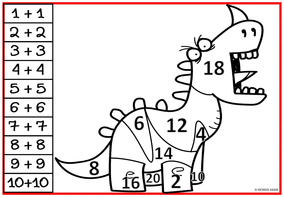 Doubles facts roaring dinosaur: students add 1+1 to 10+10 and find each sum from 2 to 20 on the body to color it