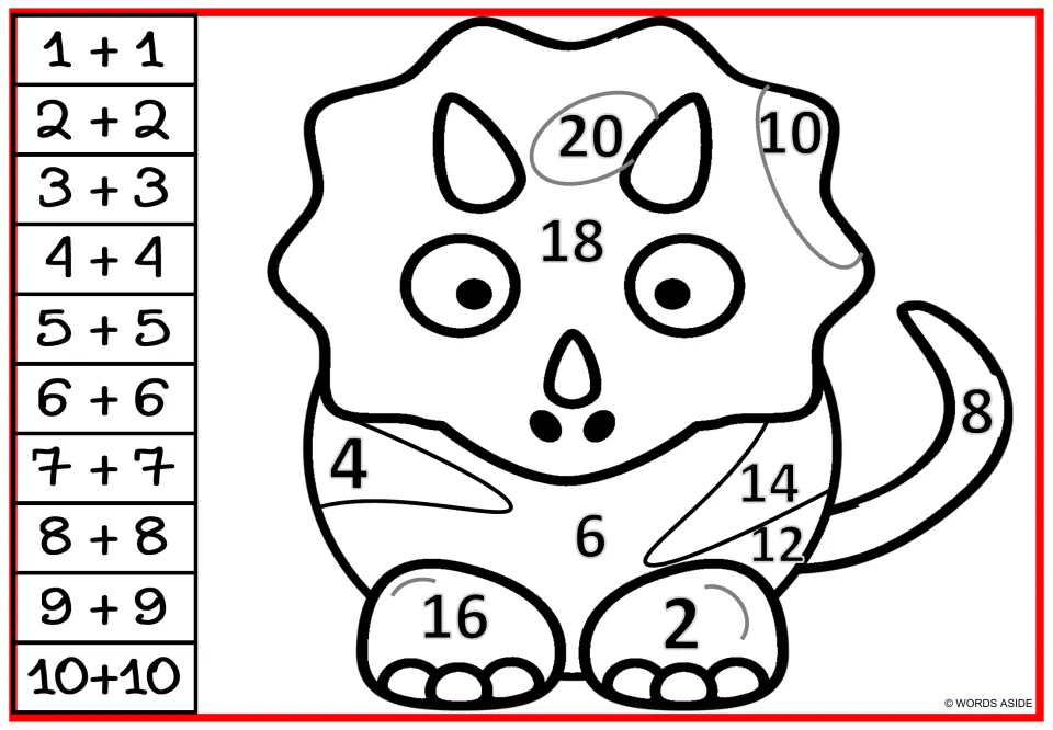 Triceratops doubles coloring: students solve each fact from 1+1 to 10+10 and color the matching sums on the frill and body