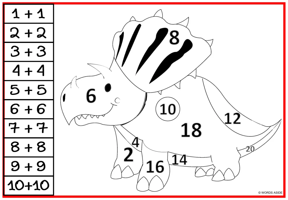 Frilled dinosaur addition doubles: students work out 1+1 to 10+10 and shade each matching sum, 2 to 20, on the picture