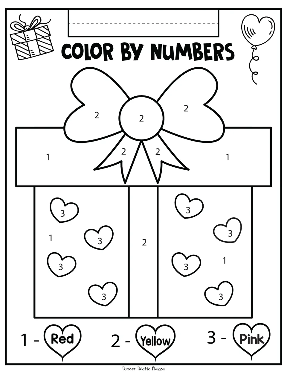 Valentine's Day color-by-number gift page: a heart-covered present labeled 1 red, 2 yellow, and 3 pink.