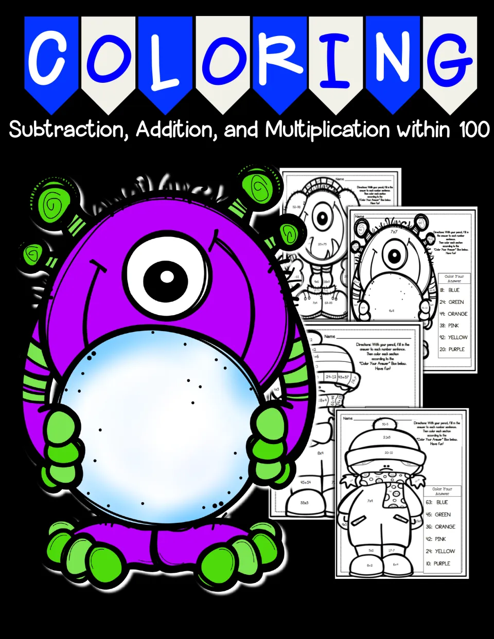Coloring cover: subtraction, addition and multiplication within 100, with a purple monster and four color-by-number pages