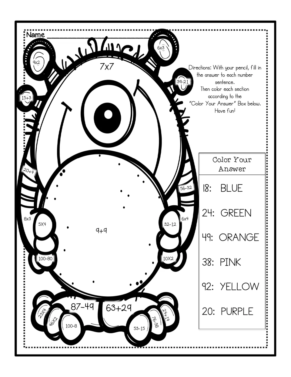 Monster color by number: students solve sums, differences and products such as 7x7 and 87-49, then color by answer
