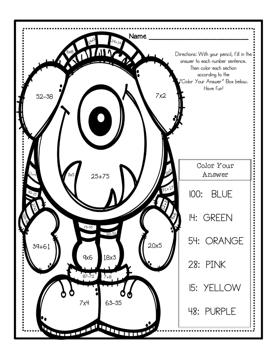 Fanged monster color by number: students solve problems like 25+75 and 9x6, coloring answers 14 to 100 by the key