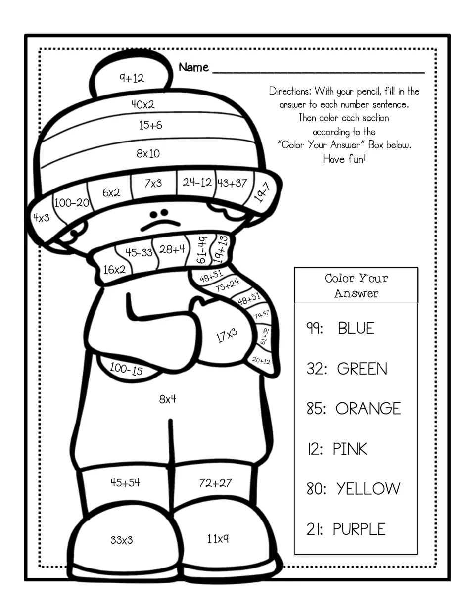 Winter child in hat and scarf: students solve facts like 40x2 and 45+54, then color answers 12 to 99 using the key