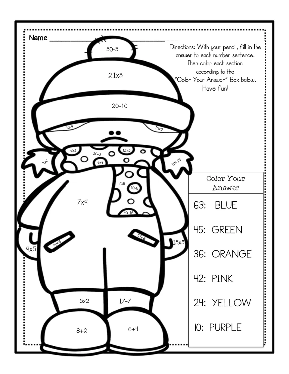 Child in pom-pom hat color by number: students solve 21x3, 50-5, 8+2 and more, then color answers 10 to 63 by the key
