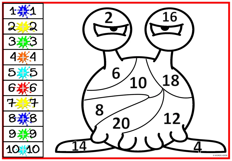 Monster doubles coloring worksheet 1: two stalk eyes, numbers 2–20, and a color key for 1 + 1 through 10 + 10