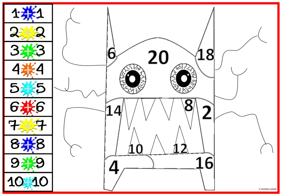 Monster doubles coloring worksheet 3: pointed horns, numbers 2–20, and a key for 1 + 1 through 10 + 10