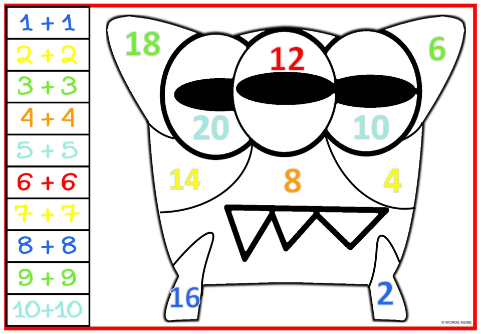 Monster doubles coloring worksheet 6: three-eye design repeated with colored numbers 2–20 and equations