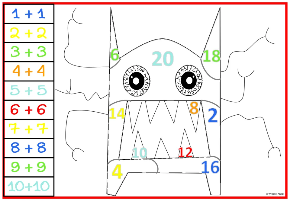 Monster doubles coloring worksheet 7: horned design repeated with colored numbers 2–20 and equations