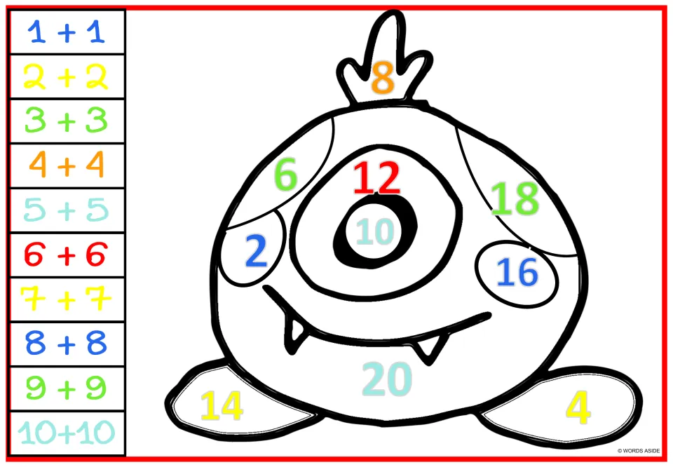 Monster doubles coloring worksheet 8: one-eye design repeated with colored numbers 2–20 and equations