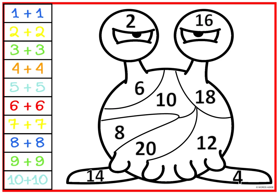 Doubles addition coloring sheet 1: monster with two eye stalks, even numbers 2–20, and facts 1 + 1 to 10 + 10.