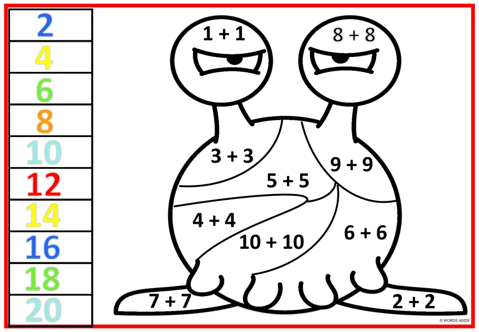 Doubles facts 1+1 to 10+10: students solve each sum on a two-headed monster, then color it by the 2-20 key