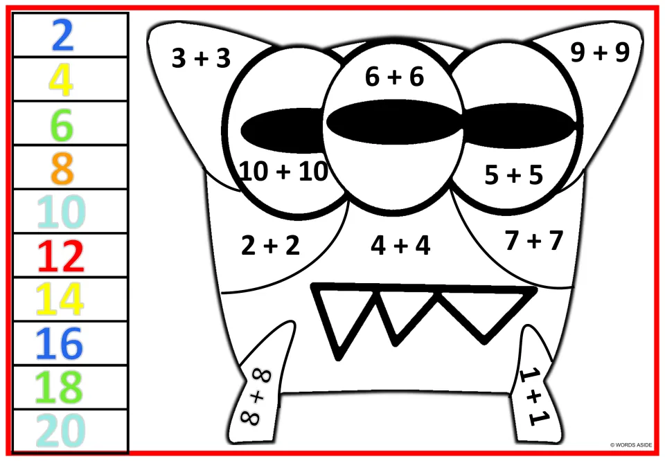 Adding doubles: students find sums like 6+6 and 9+9 on a three-eyed monster face and color each part by its answer
