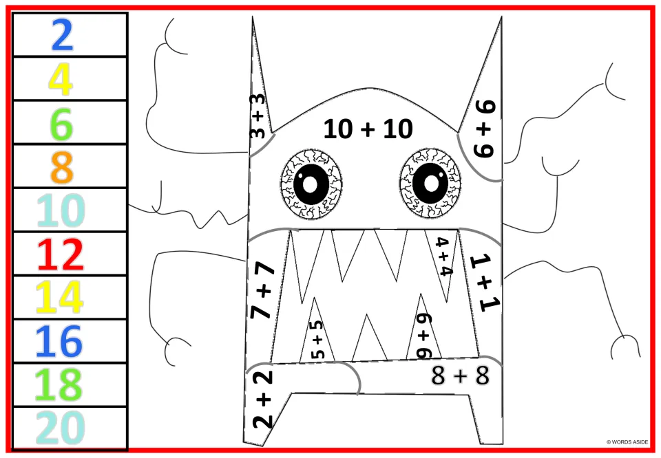 Doubles to 20 color by number: students solve 1+1 through 10+10 in the jagged-teeth monster and color by sum