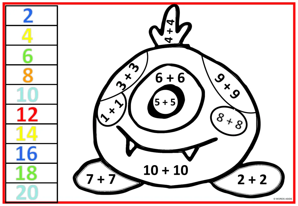 Doubling practice: students solve doubles on a one-eyed monster, from 5+5 in its pupil to 10+10 on its body, then color