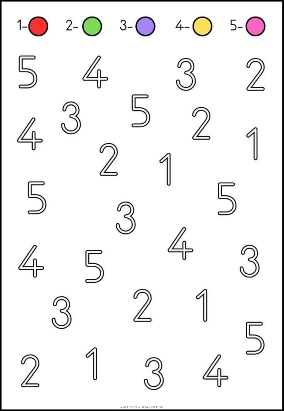 Color by number for 1 to 5: students match each outlined numeral to its color key, such as 1 red and 2 green
