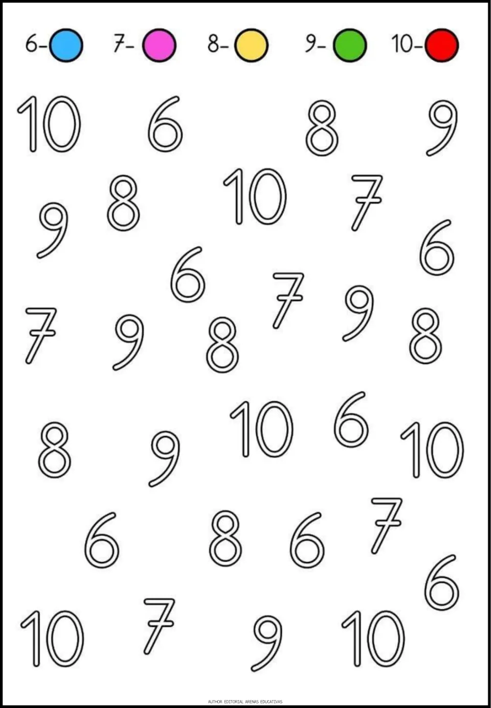 Color by number for 6 to 10: students find each scattered outlined numeral and color it by the key, 6 blue and 10 red