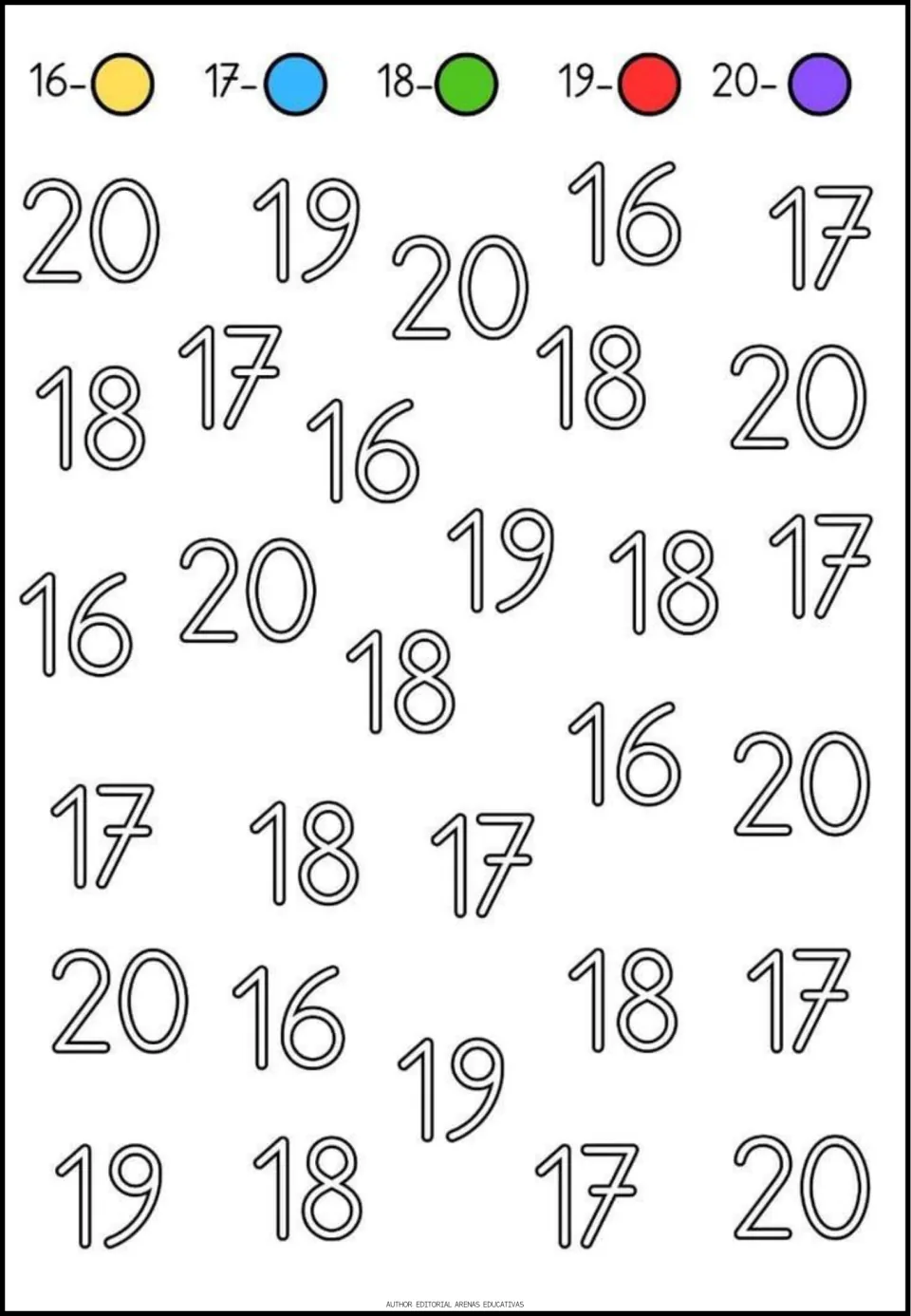 Color by number for 16 to 20: students color outlined teen numbers by the key, such as 16 yellow and 20 purple
