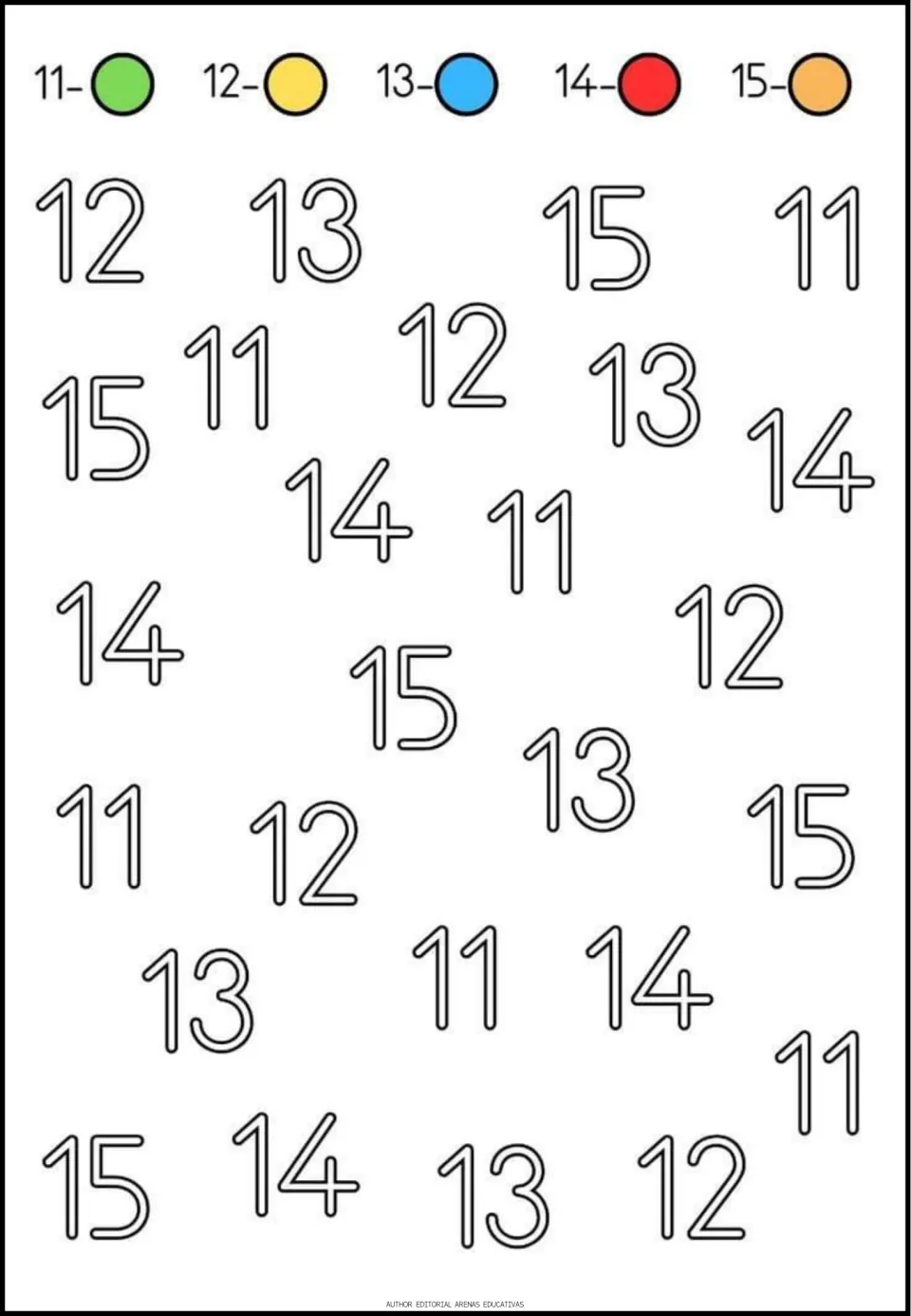 Color by number for 11 to 15: students tell apart similar teen numerals and color each, 11 green through 15 orange