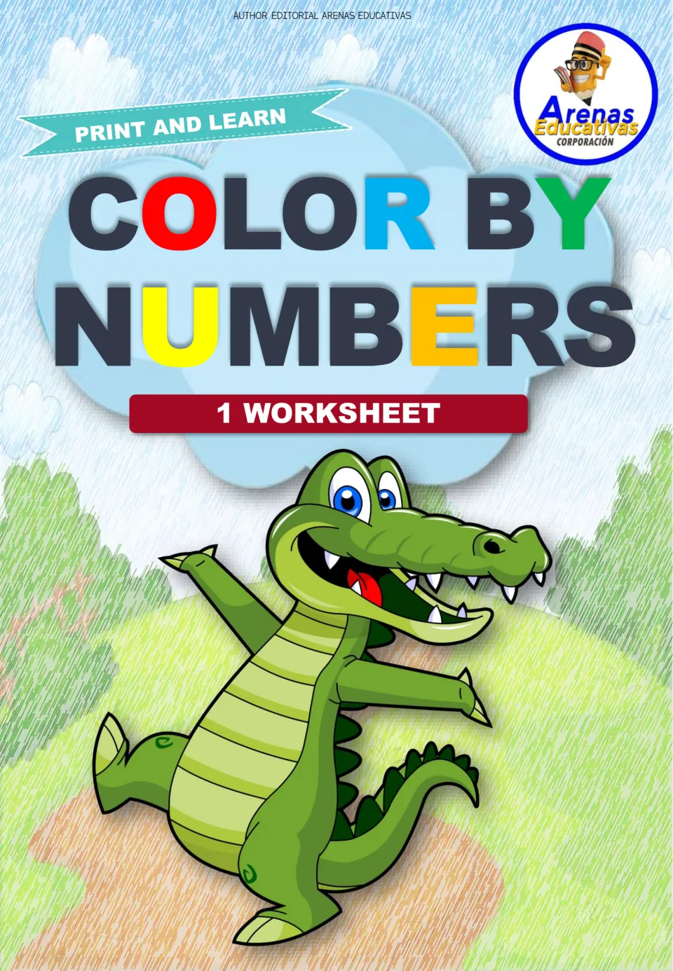 Color by Numbers cover for a 1-worksheet set, labeled Print and Learn, with a smiling cartoon crocodile on a grassy hill