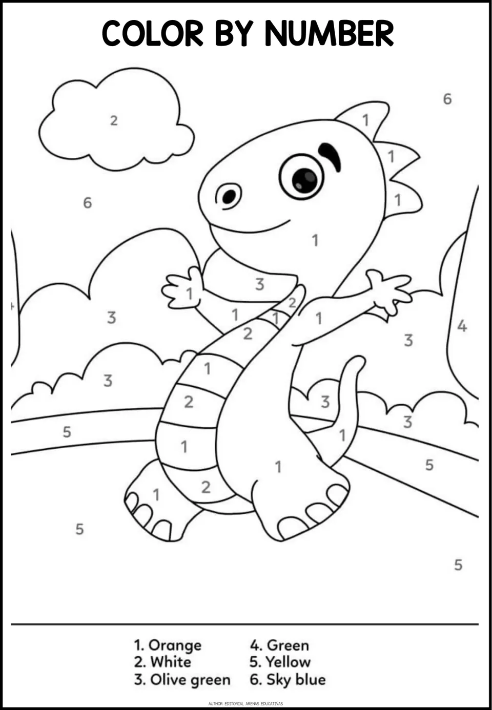 Color-by-number dinosaur: students read numbers 1 to 6 and color each area from the key, orange through sky blue