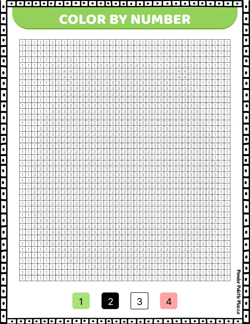 Panda color-by-number coloring page using the key: 1 green, 2 black, 3 white, and 4 pink to complete the bear.