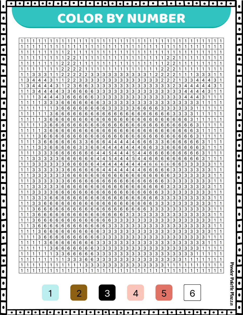 Cow color-by-number activity using numbers 1–6 and a color key to reveal a black-and-white cow with horns.