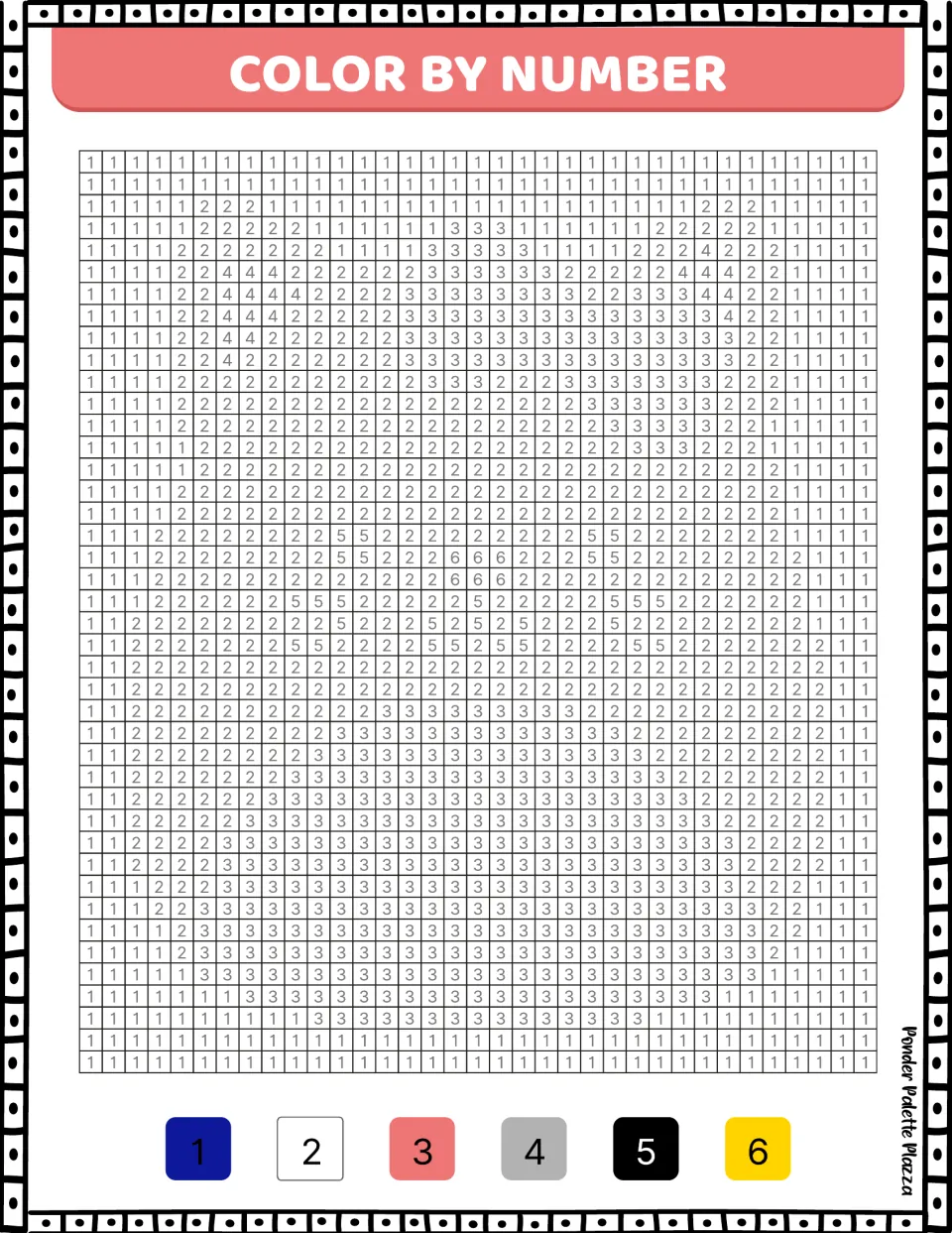 Color-by-number activity for a white cat: numbers 1–6 match blue, white, pink, gray, black, and yellow.