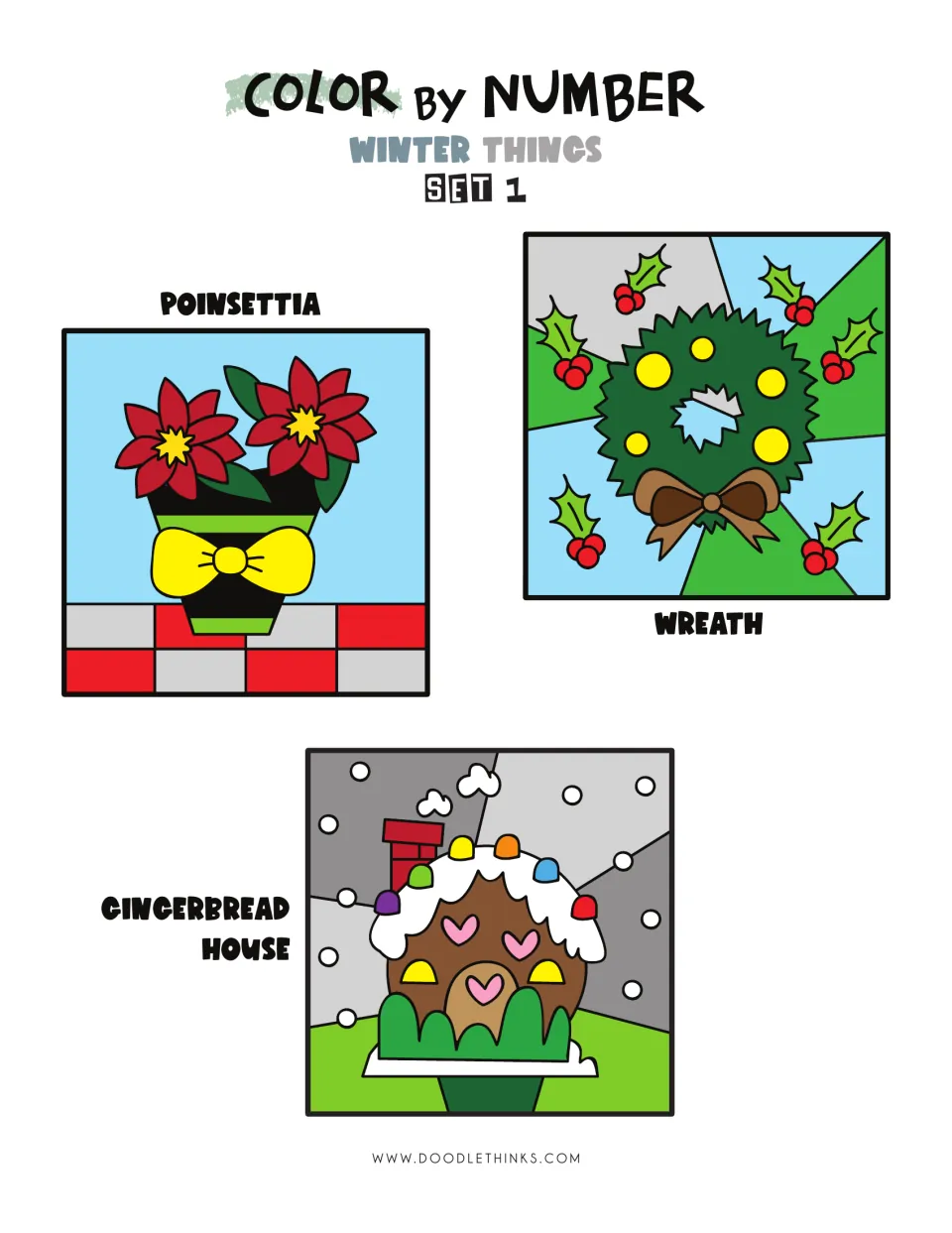 Color By Number Winter Things Set 1 cover: finished colored poinsettia, wreath and gingerbread house pictures