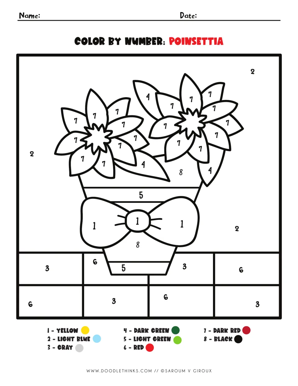 Poinsettia color by number: students match numbers 1-8 to a color key to color two flowers in a pot with a bow
