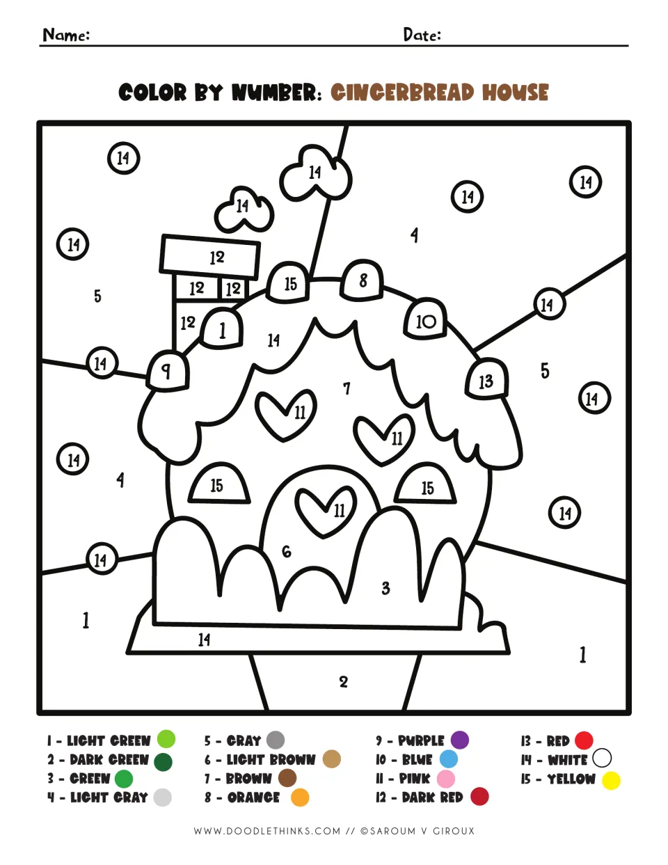 Gingerbread house color by number: students follow a 15-color key to color a candy-topped house with hearts and snow
