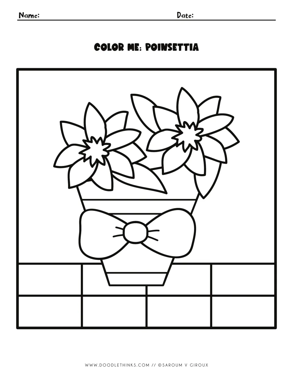 Color Me: Poinsettia, an unnumbered outline of two poinsettia flowers in a bow-tied pot for students to color freely