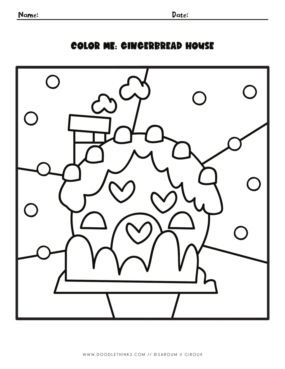 Color Me: Gingerbread House, an unnumbered outline of a frosted house with candies, hearts and snow to color freely