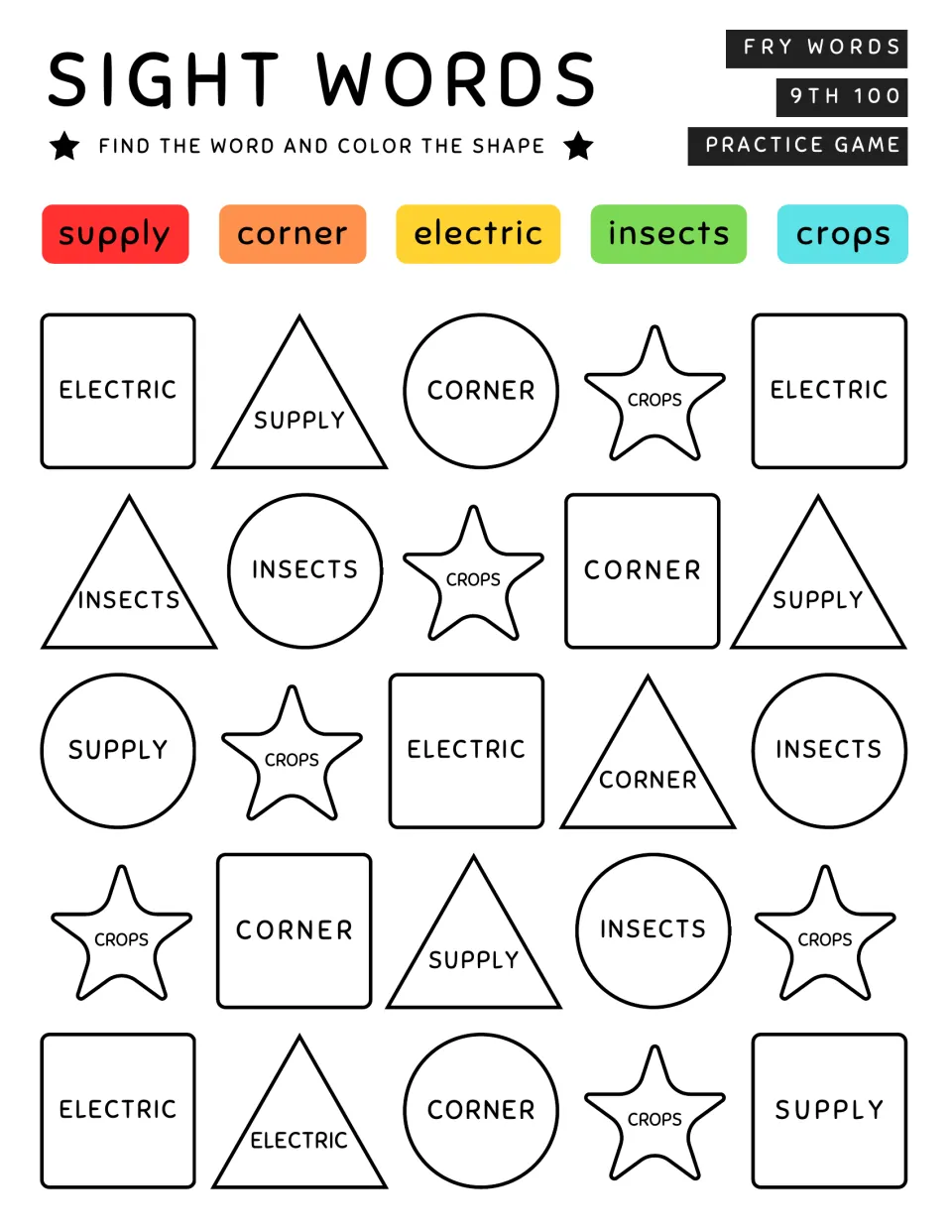 Fry ninth 100 sight word coloring practice: supply, corner, electric, insects, and crops repeated in shapes.