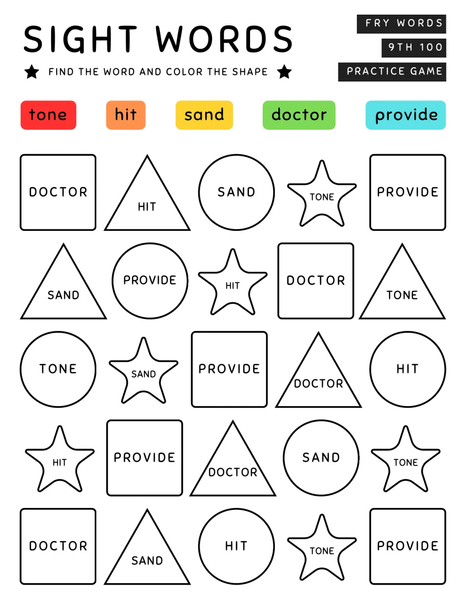 Fry ninth 100 sight word coloring practice: tone, hit, sand, doctor, and provide repeated in shapes.