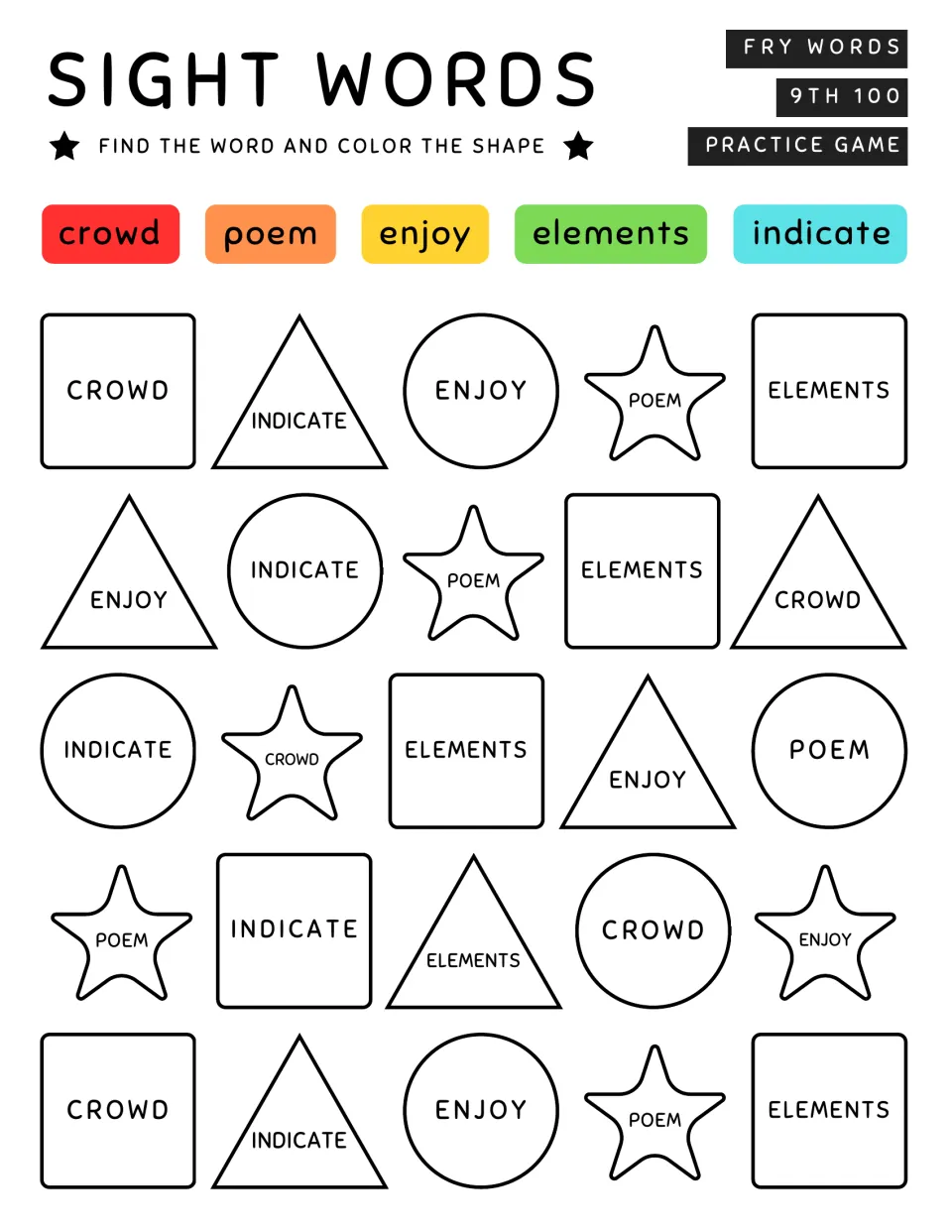 Fry ninth 100 sight word coloring practice: crowd, poem, enjoy, elements, and indicate repeated in shapes.