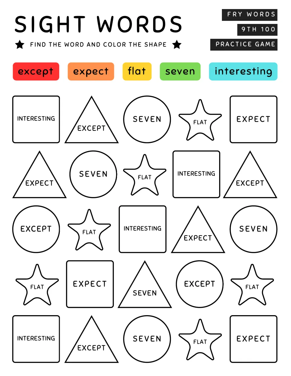 Fry ninth 100 sight word coloring practice: except, expect, flat, seven, and interesting repeated in shapes.