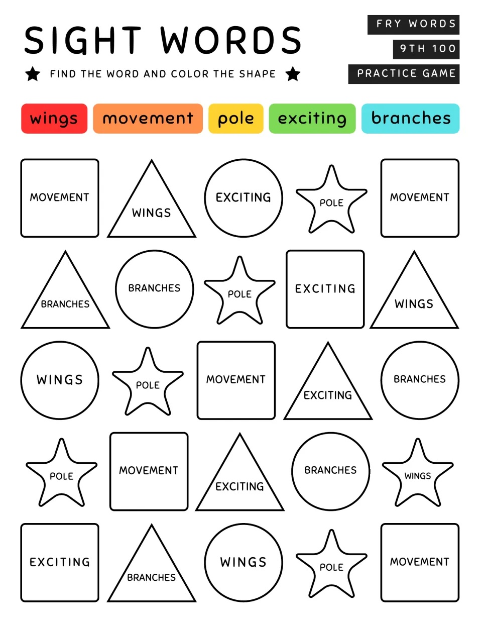 Fry ninth 100 sight word coloring practice: wings, movement, pole, exciting, and branches repeated in shapes.
