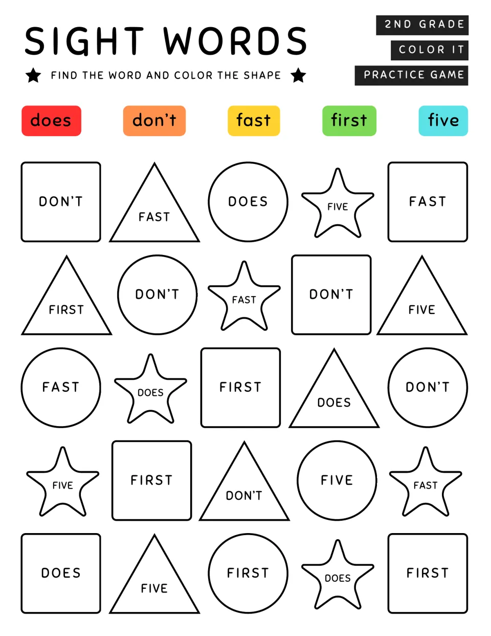 Sight words does, don't, fast, first, five: students locate each word in every shape, then color it by the key
