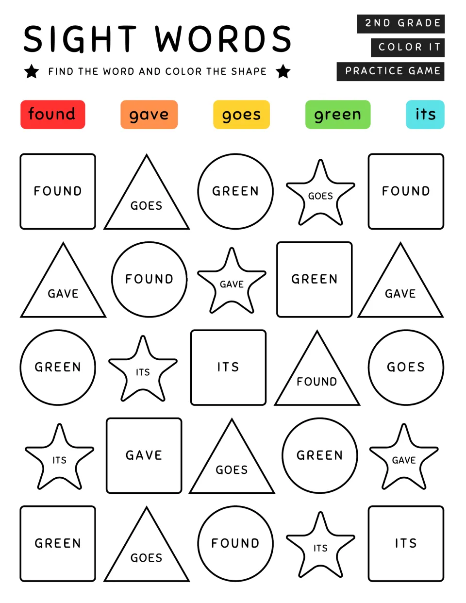 Sight words found, gave, goes, green, its: students read the word on each shape and color it the matching key color