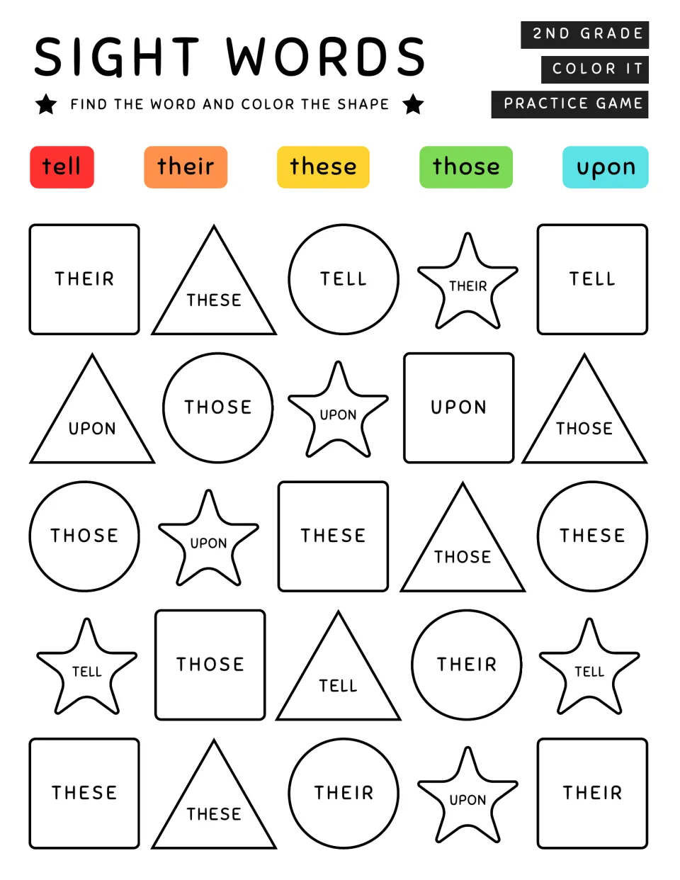 Sight words tell, their, these, those, upon: students tell look-alike words apart and color each shape by the key