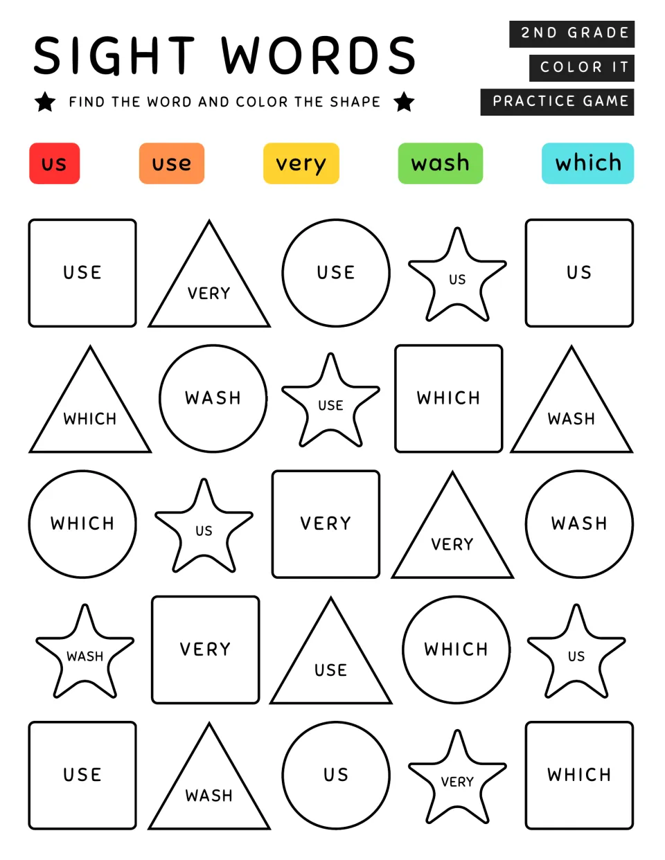 Sight words us, use, very, wash, which: students read each shape's word, noting us vs. use, and color it by the key