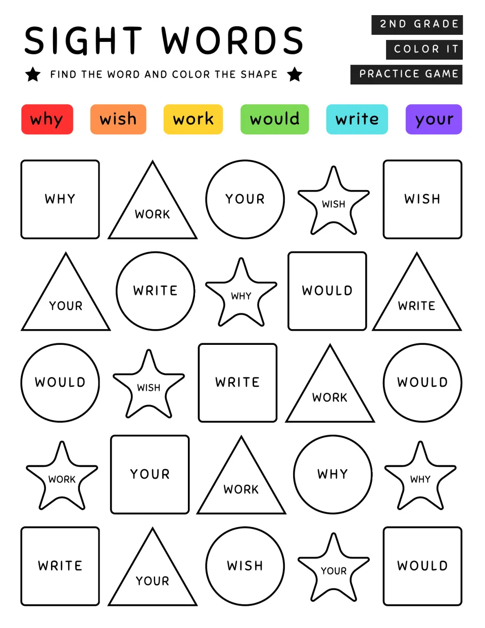 Sight words why, wish, work, would, write, your: students color each shape using a six-color key, with purple for your