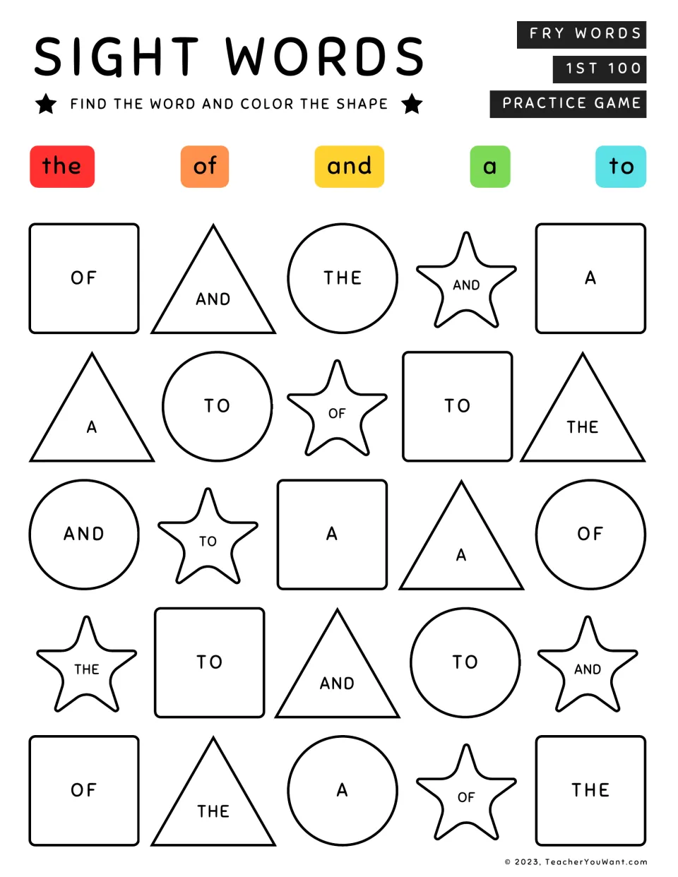 Fry word coloring activity 1: color 25 shapes using the five-word key for the, of, and, a, and to.