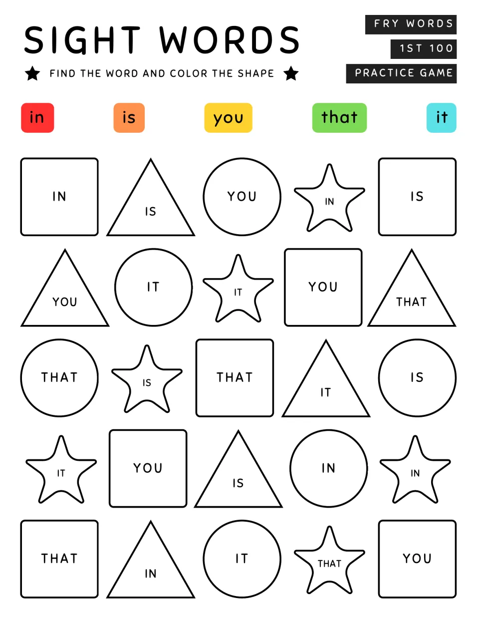 Fry word coloring activity 2: color 25 shapes using the five-word key for in, is, you, that, and it.