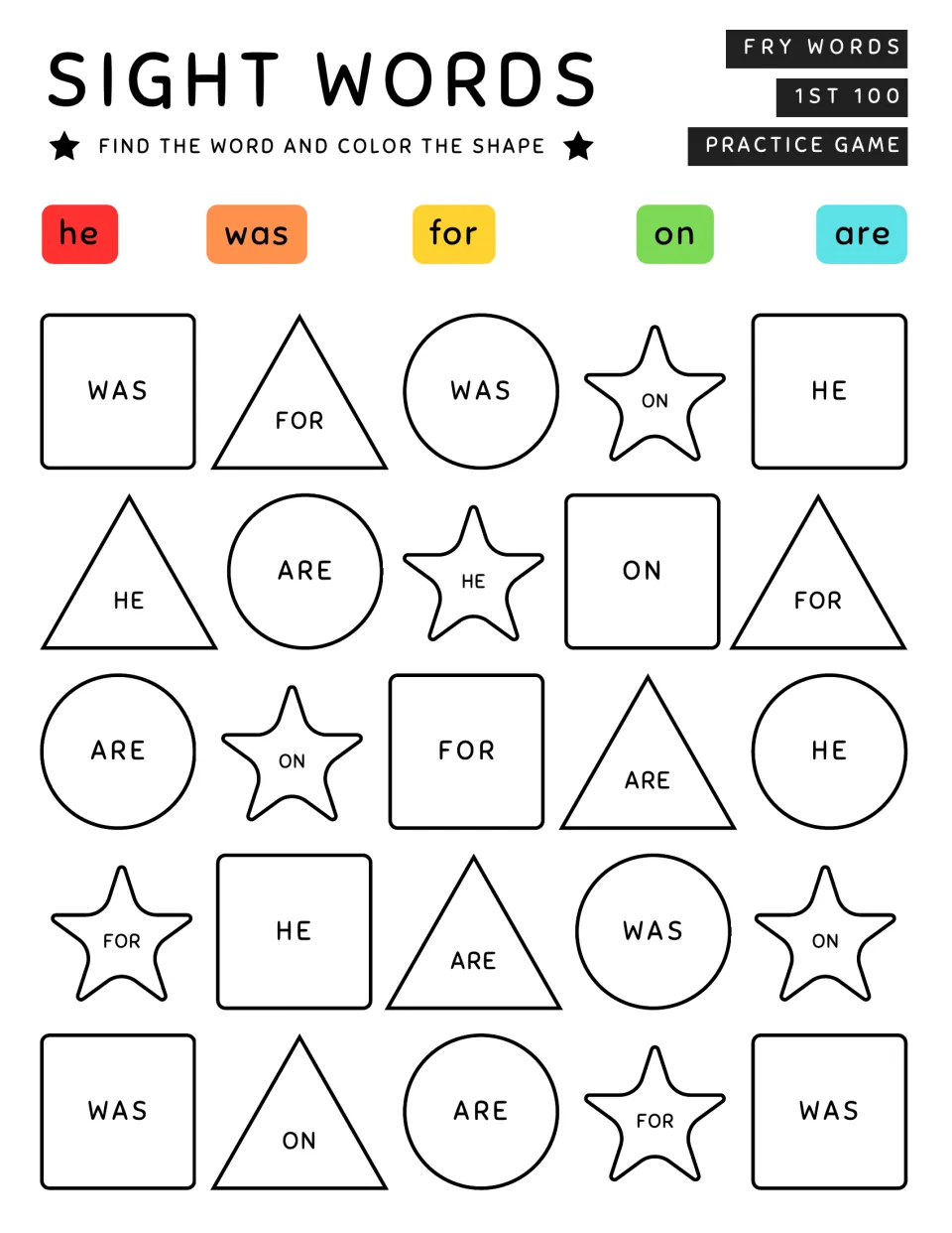 Fry word coloring activity 3: color 25 shapes using the five-word key for he, was, for, on, and are.
