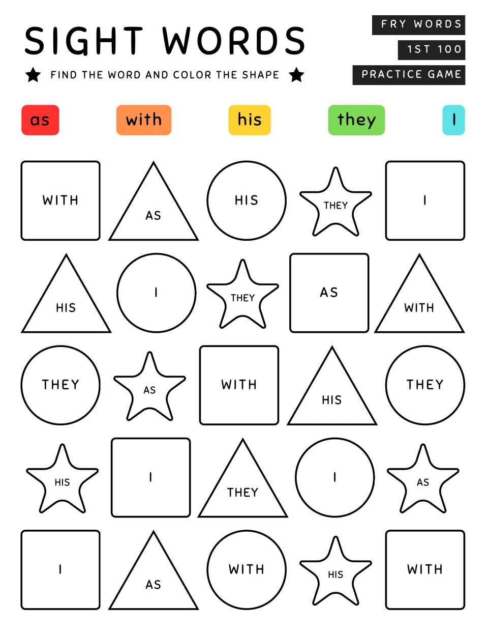 Fry word coloring activity 4: color 25 shapes using the five-word key for as, with, his, they, and I.
