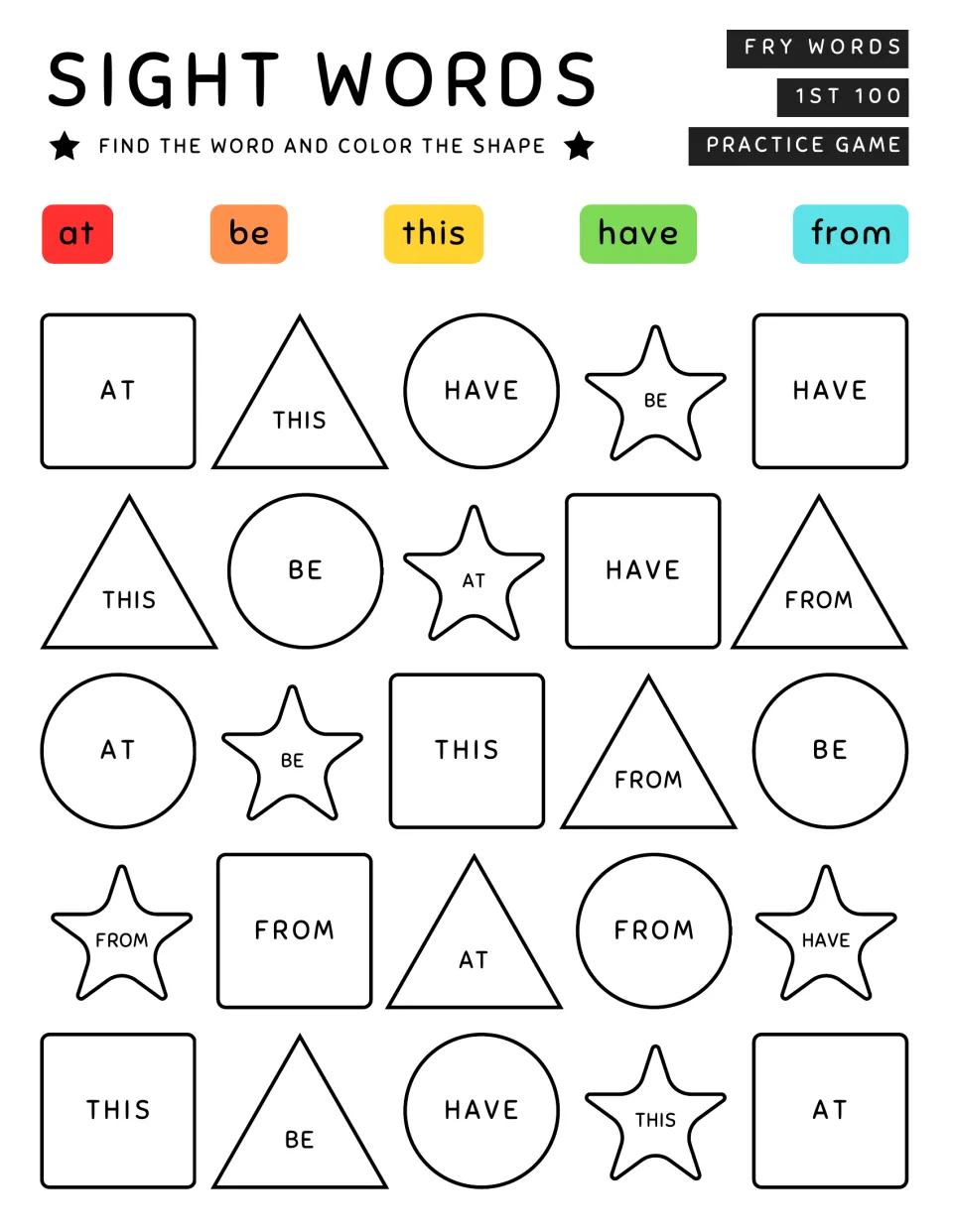 Fry word coloring activity 5: color 25 shapes using the five-word key for at, be, this, have, and from.