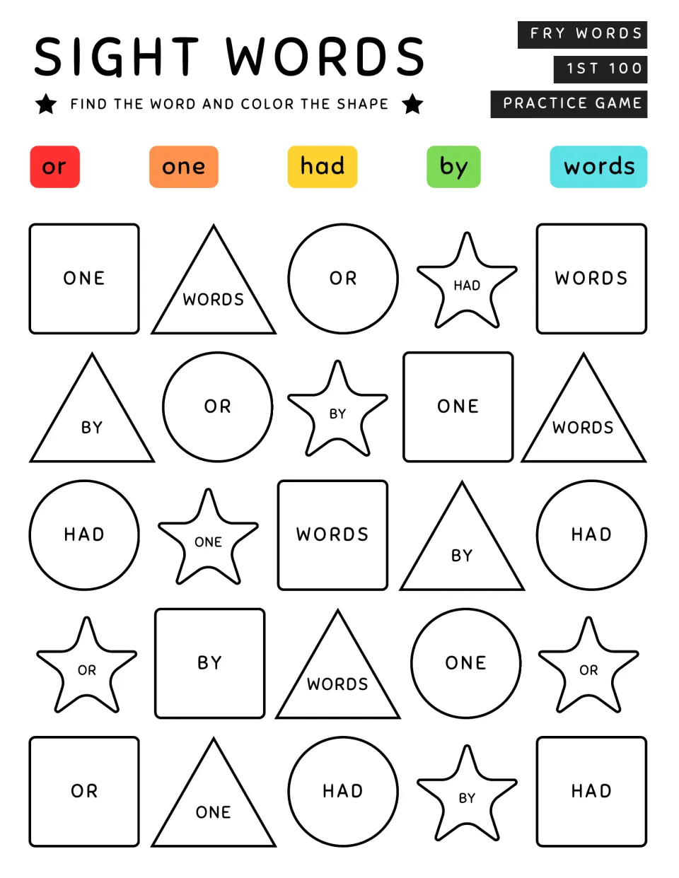 Fry word coloring activity 6: color 25 shapes using the five-word key for or, one, had, by, and words.